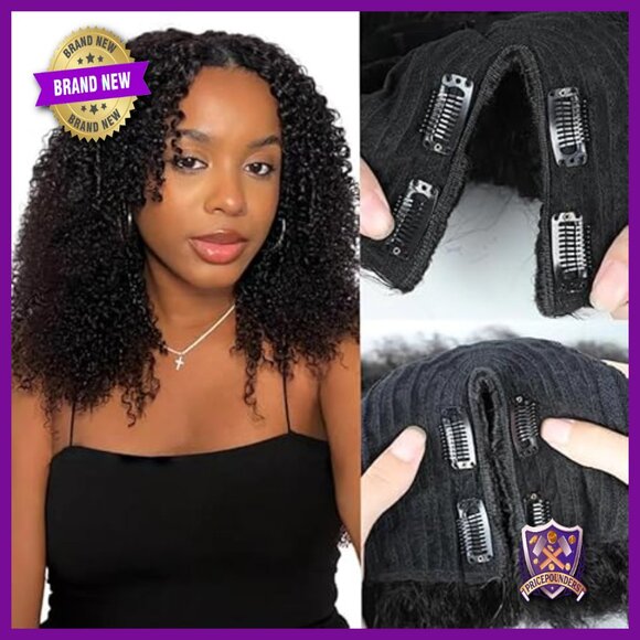 Human Hair V Part Wig Kinky Curly 16 Inch Glueless Beginner Friendly